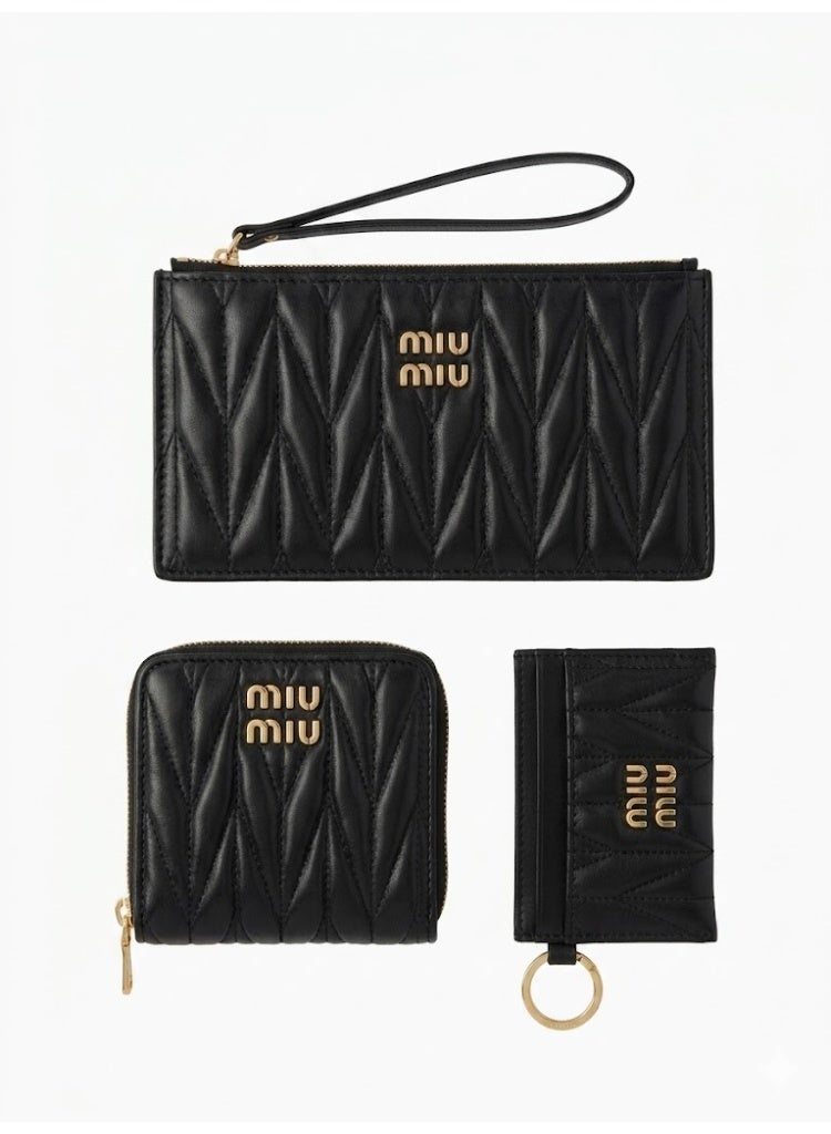 Miu Miu Style 3-Piece Matelassé Set - Quilted Nappa Leather Wristlet, Zip-Around Wallet, and Keychain Card Holder - Black - Image 1