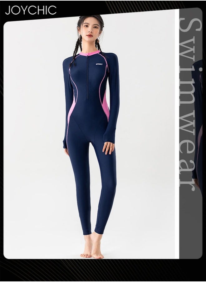 Joychic - Women One Piece Patchwork Zipper Swimwear Summer Long Sleeve Quick-drying Breathable Sun Protection Diving Suit Surf Wear for Outdoor Sports Beach Navy Blue - Image 1