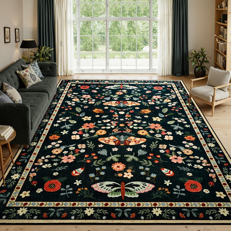 Foxmas Washable Area Rugs for Living Room, 4x6 Non-Slip Butterfly Floral Print Throw Rug, Low Pile Modern Indoor Floor Rug, Carpet for Bedroom Dining Room Laundry Room Kitchen Home Officeï¼ŒBlack - Image 3