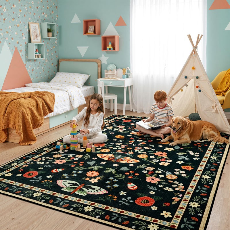 Foxmas Washable Area Rugs for Living Room, 4x6 Non-Slip Butterfly Floral Print Throw Rug, Low Pile Modern Indoor Floor Rug, Carpet for Bedroom Dining Room Laundry Room Kitchen Home Officeï¼ŒBlack - Image 4