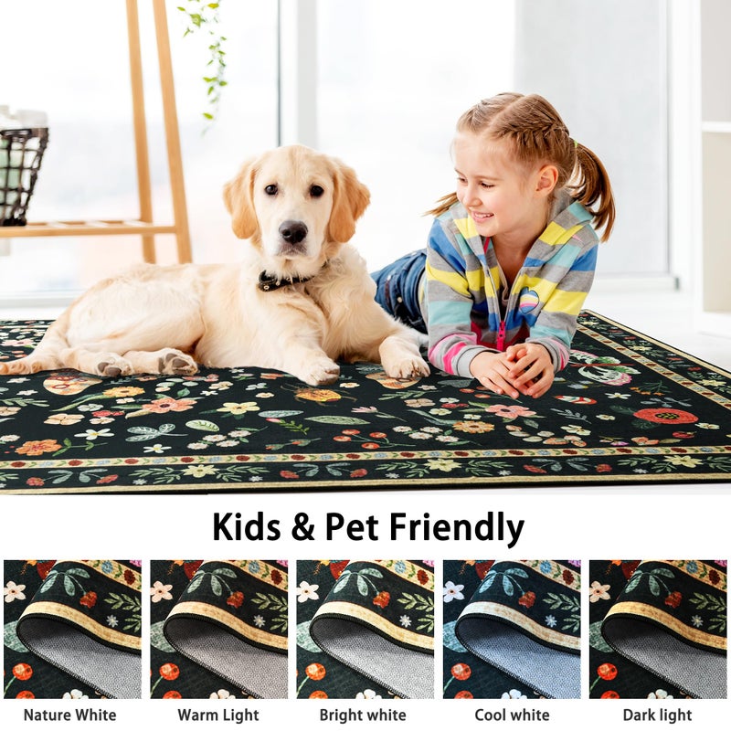 Foxmas Washable Area Rugs for Living Room, 4x6 Non-Slip Butterfly Floral Print Throw Rug, Low Pile Modern Indoor Floor Rug, Carpet for Bedroom Dining Room Laundry Room Kitchen Home Officeï¼ŒBlack - Image 2