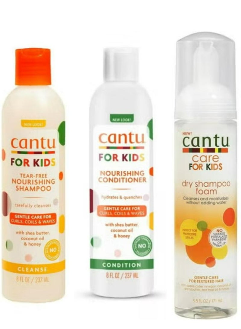 Cantu Care For Kids Nourishing Shampoo And Conditioner And Dry Shampoo Foam 3 Pcs