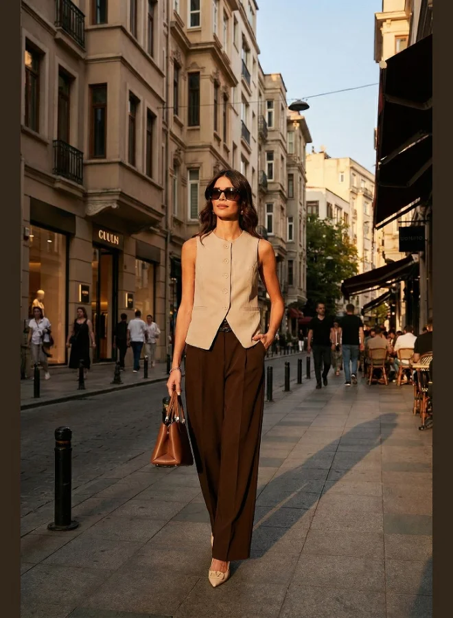 ليلا بنطلون نسائي واسع الساق بخصر عالٍ وحزام