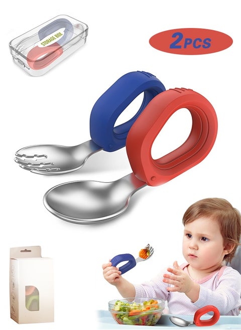 Baby Forks and Spoons Set, Kids Stainless Steel Silverware Set Children Safe Forks and Spoons self feedig-Dishwasher Safe(Red+Blue)