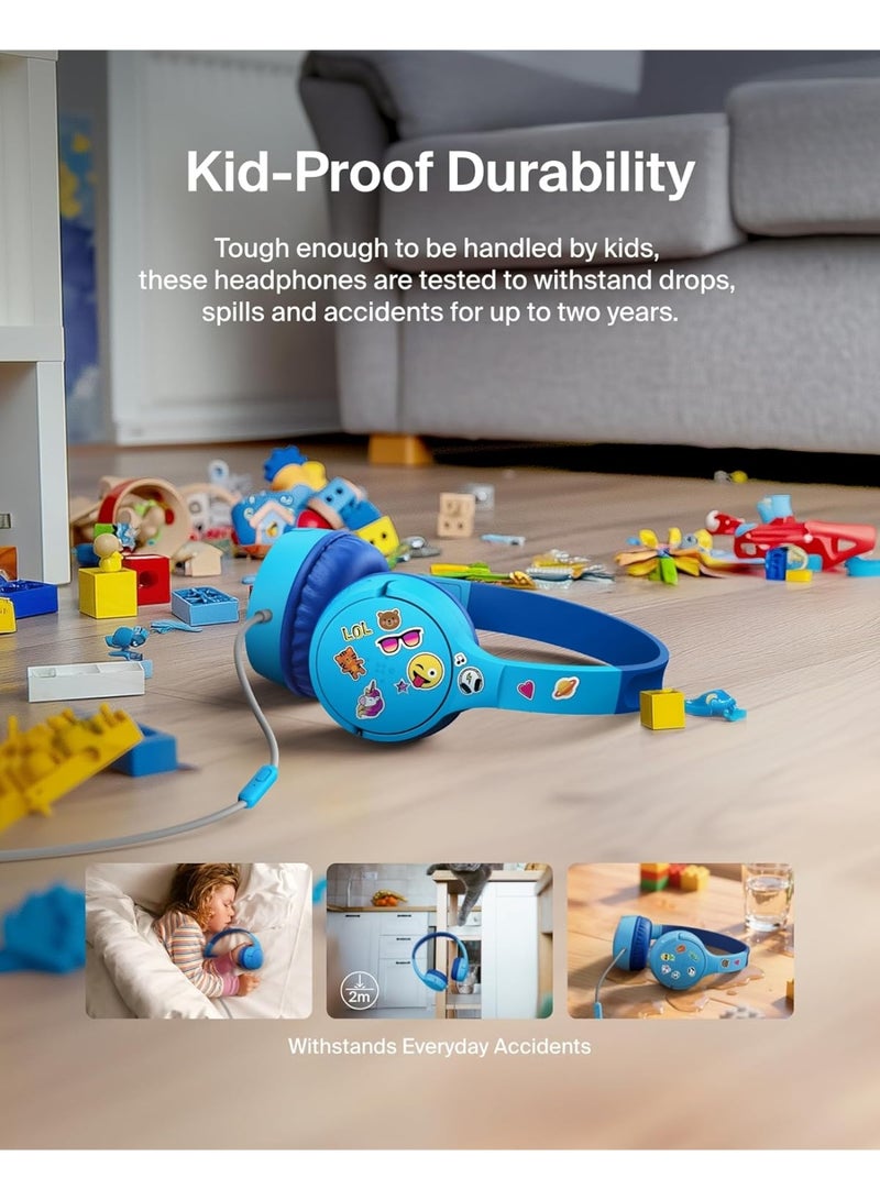 belkin SoundForm Mini Kids Wired Headphones with USB-C to 3.5mm Dongle, Built-in Mic & Fun Stickers, 85dB Max Volume – for Online Learning, Travel, Compatible with iPhone, iPad, Galaxy, etc - Blue blue - Image 5