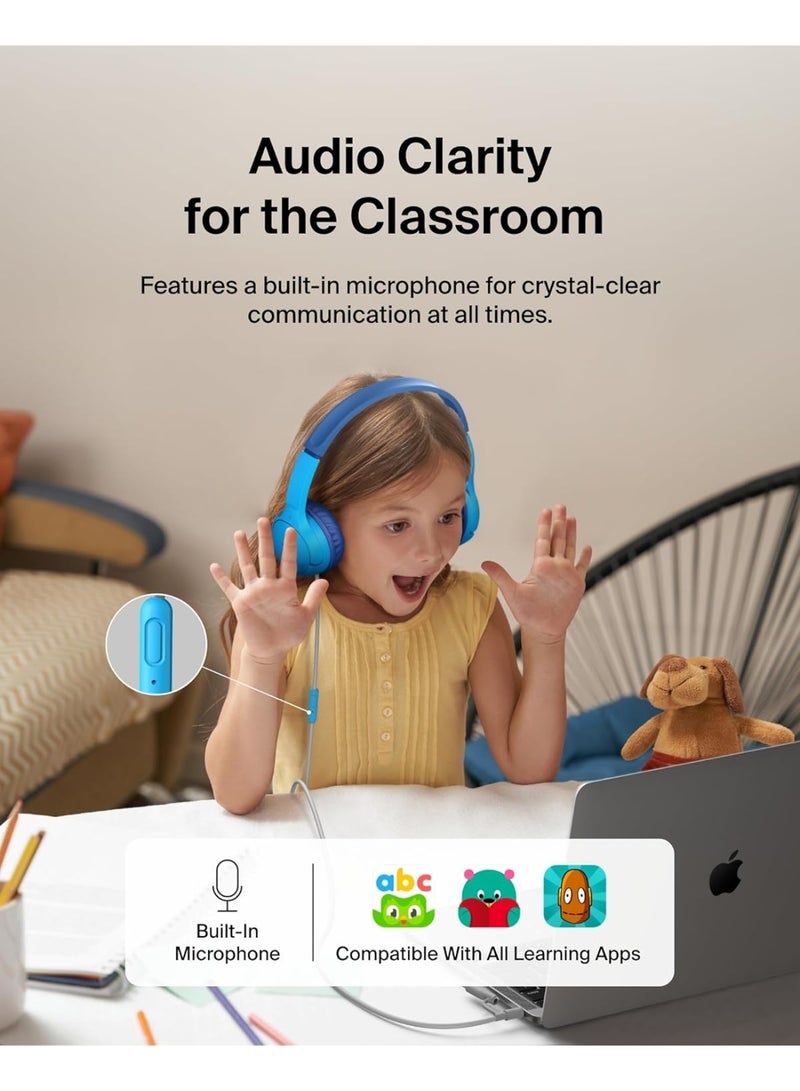 belkin SoundForm Mini Kids Wired Headphones with USB-C to 3.5mm Dongle, Built-in Mic & Fun Stickers, 85dB Max Volume – for Online Learning, Travel, Compatible with iPhone, iPad, Galaxy, etc - Blue blue - Image 4