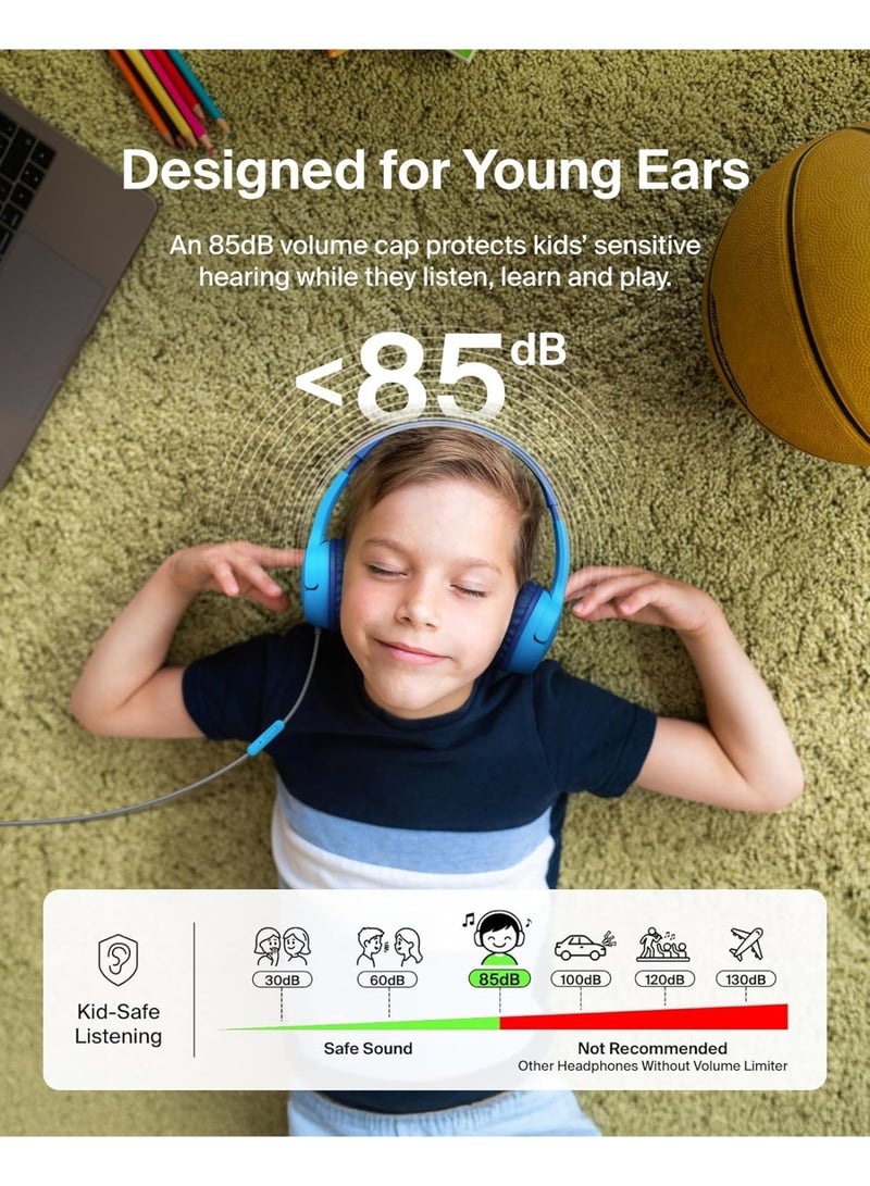 belkin SoundForm Mini Kids Wired Headphones with USB-C to 3.5mm Dongle, Built-in Mic & Fun Stickers, 85dB Max Volume – for Online Learning, Travel, Compatible with iPhone, iPad, Galaxy, etc - Blue blue - Image 2