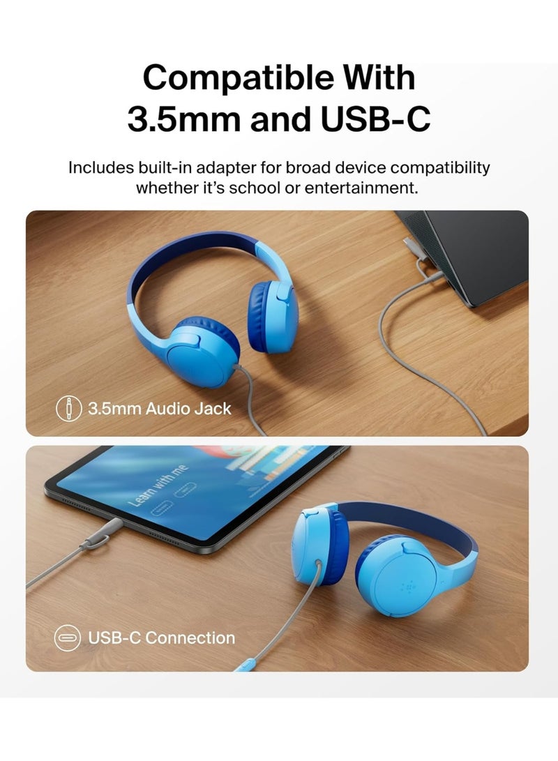 belkin SoundForm Mini Kids Wired Headphones with USB-C to 3.5mm Dongle, Built-in Mic & Fun Stickers, 85dB Max Volume – for Online Learning, Travel, Compatible with iPhone, iPad, Galaxy, etc - Blue blue - Image 3