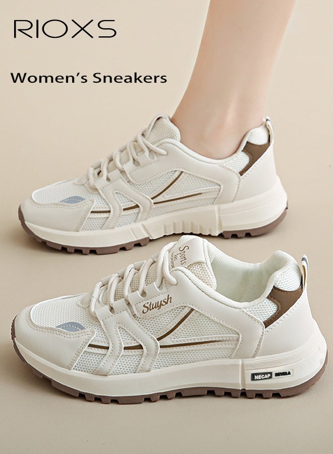 RIOXS Women's Athlesiure Shoes, Breathable Mesh Running Shoes, Anti-slip Womens Trainers, Anti-slip Lightweight Walking Shoes for Women, Athletic Sneaker for Ladies, Comfy Training Shoes for Workout Gym Hiking, Stylish Sneakers Pair with Casual Outfits Sportswear Jeans, White Khaki Tennis Shoe - Image 1