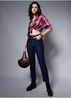 HIGH STAR Indigo High-Rise Low Distress Stretchable Jeans for Women, Straight Fit  - Image 1