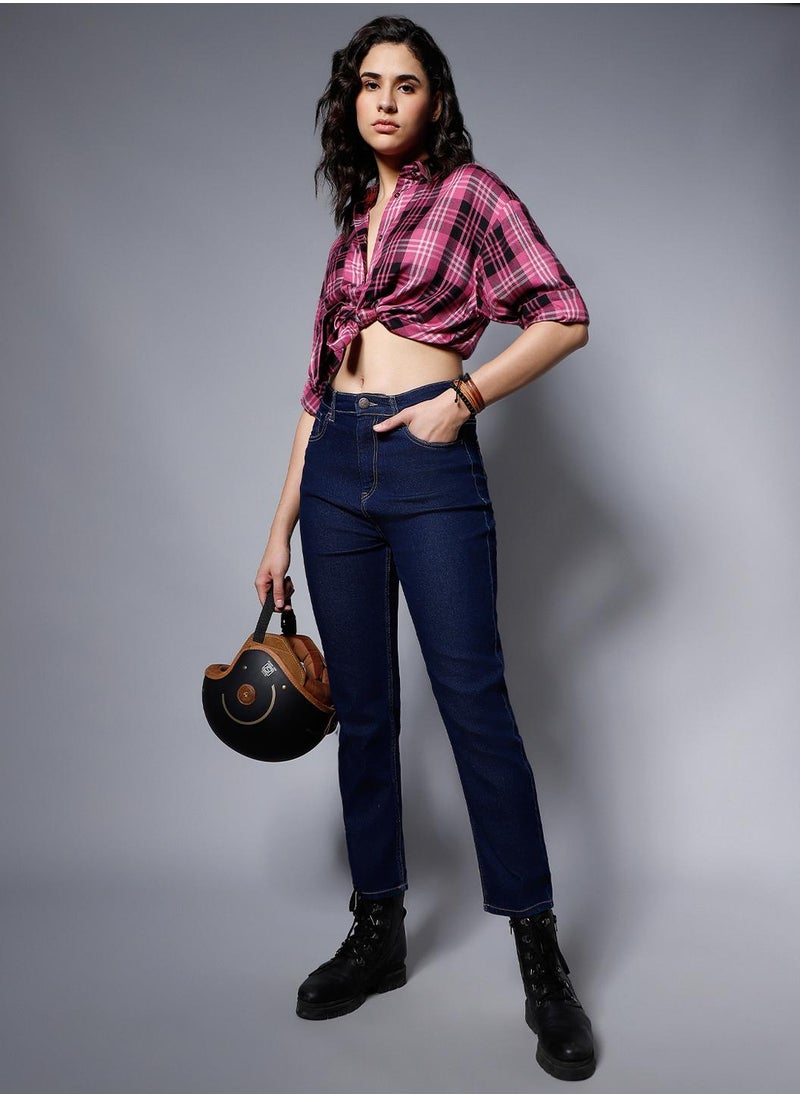 HIGH STAR Indigo High-Rise Low Distress Stretchable Jeans for Women, Straight Fit  - Image 1