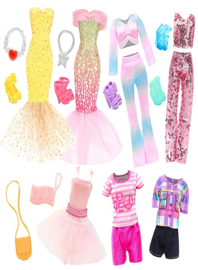 BARWA 21 Pcs Doll Clothes and Accessories Includes 3 Pcs Mermaid Dress, Puffy Skirt 4 Sets Sequins Leisure Tops and Pants with 2 Bags, 2 Necklaces, 5 Shoes for 11.5 Inch Girl Dolls - Image 1