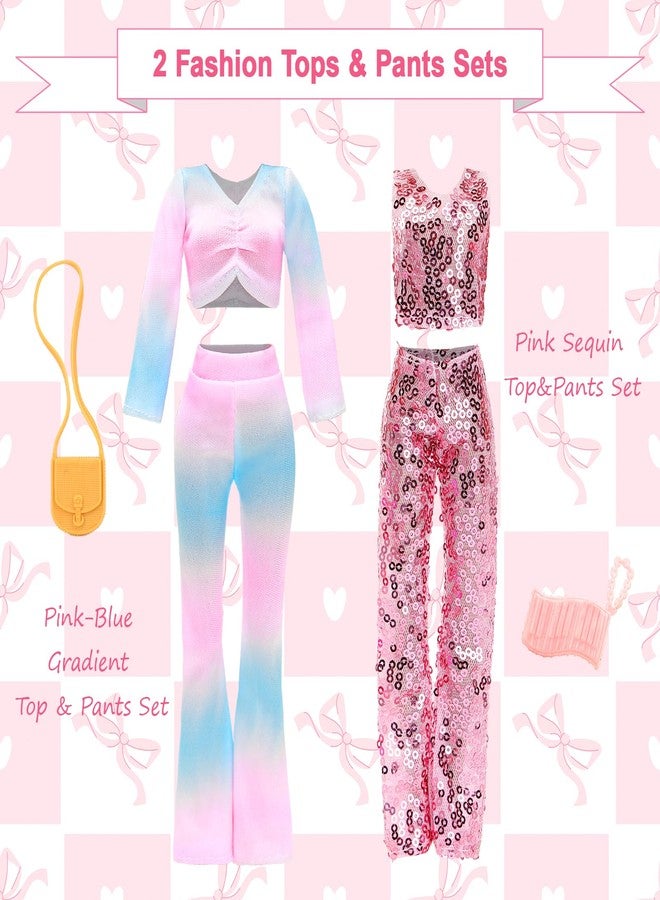BARWA 21 Pcs Doll Clothes and Accessories Includes 3 Pcs Mermaid Dress, Puffy Skirt 4 Sets Sequins Leisure Tops and Pants with 2 Bags, 2 Necklaces, 5 Shoes for 11.5 Inch Girl Dolls - Image 4