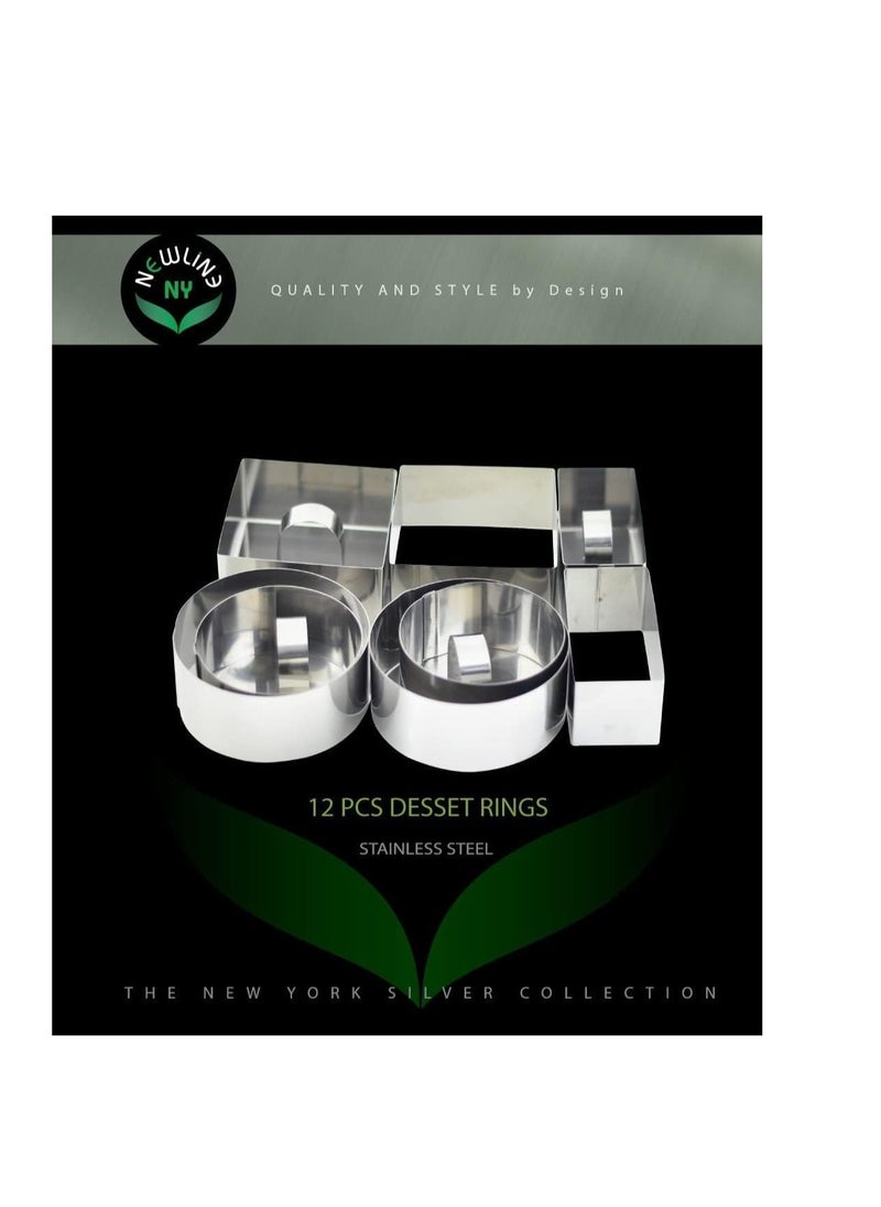 NEWLINE NY - NewlineNY Stainless Steel Dessert Rings (12 Pcs) Round Square Rectangular Appetizers Molded Salads, Cakes Mousse Molding Layering Cake Cutter - Image 1