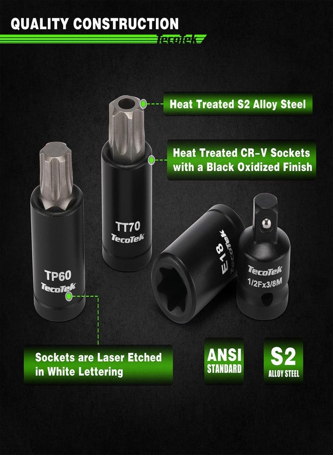 TecoTek 67-Piece Master Torx Bit Socket and External Torx Socket Set, 1/4", 3/8" and 1/2" Drive, S2 and Cr-V Steel, E4 - E24, T6 - T70, TT6 - TT70, TP8 - TP60, Includes 7PCS Socket Adapters - Image 3