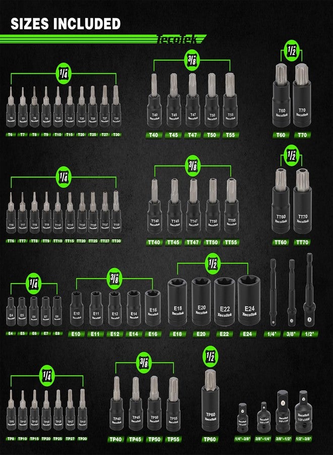 TecoTek 67-Piece Master Torx Bit Socket and External Torx Socket Set, 1/4", 3/8" and 1/2" Drive, S2 and Cr-V Steel, E4 - E24, T6 - T70, TT6 - TT70, TP8 - TP60, Includes 7PCS Socket Adapters - Image 2