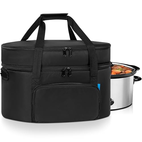 LASUK Double-Layer Slow Cooker Travel Bag Compatible with 6, 7, 8 Quart Crock-Pot, Insulated Travel Carrier with Easy to Clean Lining, Black - Image 1