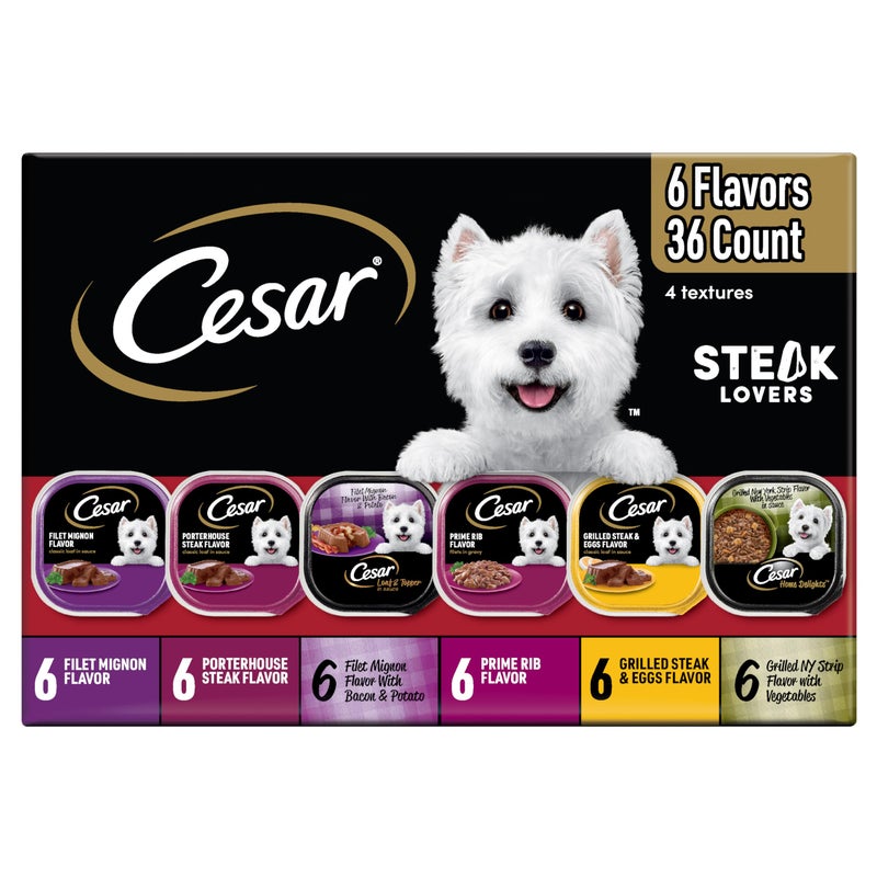 Cesar Adult Wet Dog Food Steak Lovers Variety Pack with Real Meat, 3.5 oz. Easy Peel Trays, 36 Count - Image 1