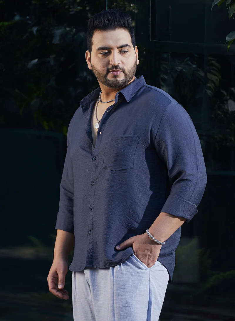 Instafab Plus  Instafab Plus Men's Charcoal Grey Breezy Wrinked Relaxed Shirt For Casual Wear | Spread Collar | Long Cuffed Sleeves | Button Closure | Plus Size Shirt Crafted With Comfort Fit For Everyday Wear for Men | Best Price UAE