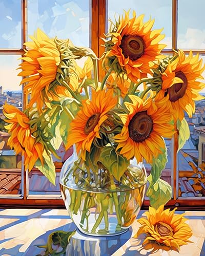 Tucocoo Sunflowers DIY Paint by Numbers for Adults Flowers in Glass Vase DIY Oil Painting Acrylic Paint Art Painting Kits Canvas with Acrylic Paint Floral Art 16x20 Inch Without Frame - Image 1