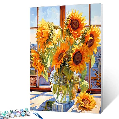 Tucocoo Sunflowers DIY Paint by Numbers for Adults Flowers in Glass Vase DIY Oil Painting Acrylic Paint Art Painting Kits Canvas with Acrylic Paint Floral Art 16x20 Inch Without Frame - Image 3