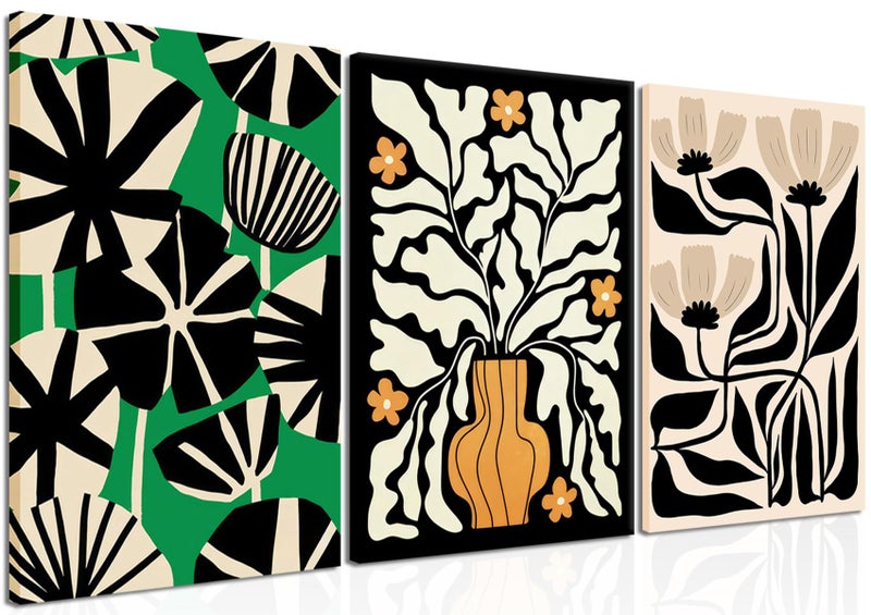 Minimalist Abstract Canvas Wall Art Set of 3, Vintage Flowers Plant Poster Print, Boho Floral Wall Decor for Living Room Bedroom Kitchen Office Decor 16x24in Framed