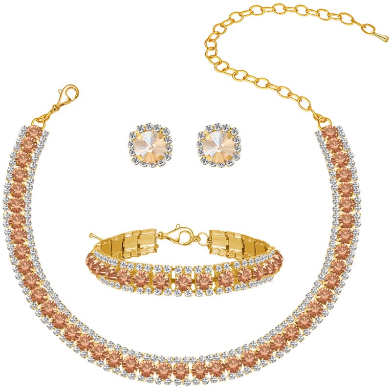 Paxuan Women Rhinestone Crystal Jewelry Set Tennis Design Rhinestone Choker Necklace Link Bracelet Teardrop Earrings Set Wedding Bridal Bridesmaids Party - Image 1