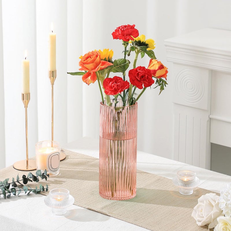 YANWE1 Pink Glass Vase for Flowers Ribbed Glass Vase, Pink Flower Vase, Tall Cylinder Glass Vases for Centerpieces, Living Room, Bedroom, Dining Table, Office, Wedding, Bookshelf Decoration,10 Inches - Image 2