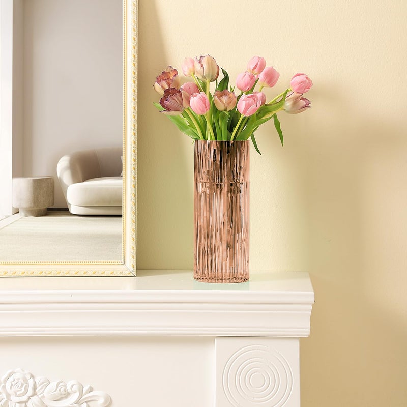 YANWE1 Pink Glass Vase for Flowers Ribbed Glass Vase, Pink Flower Vase, Tall Cylinder Glass Vases for Centerpieces, Living Room, Bedroom, Dining Table, Office, Wedding, Bookshelf Decoration,10 Inches - Image 5