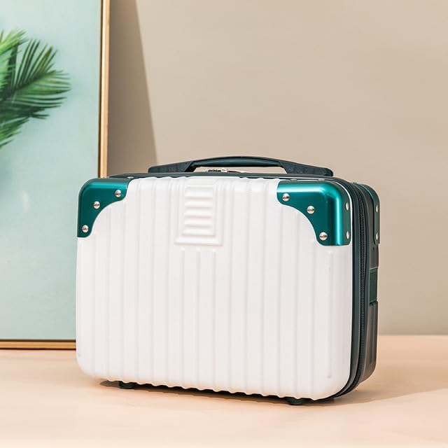 EVVIX EVVIX 14inch Small Hard Shell Cosmetic Case Travel Hand Luggage Portable Carrying Makeup Case Suitcase Childrens Luggage File Box Mini ABS Carrying Makeup Case Mini Trunk Royal GreenWhite  - Image 3