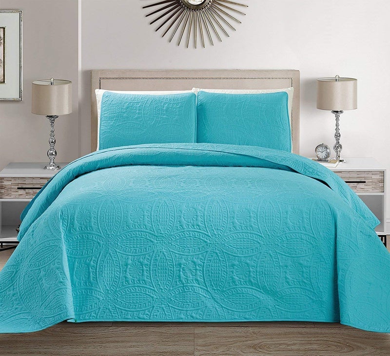 Fancy Collection Embossed Coverlet Bedspread Over Size Set Solid # Austin (Turquoise/Baby Blue, King/California King)