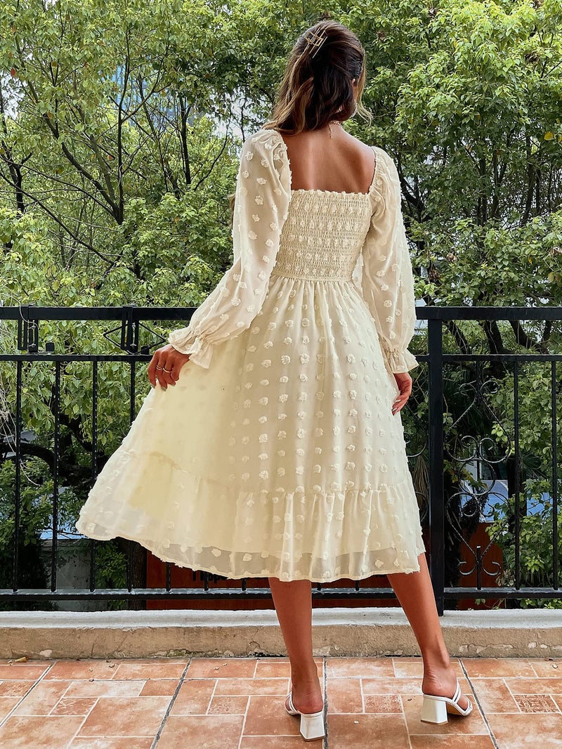 Amegoya Women's Elegant Square Neck Long Sleeve Formal Dress Fall Swiss Dot Modest Smocked Midi Wedding Guest Dress (Beige XL) - Image 4