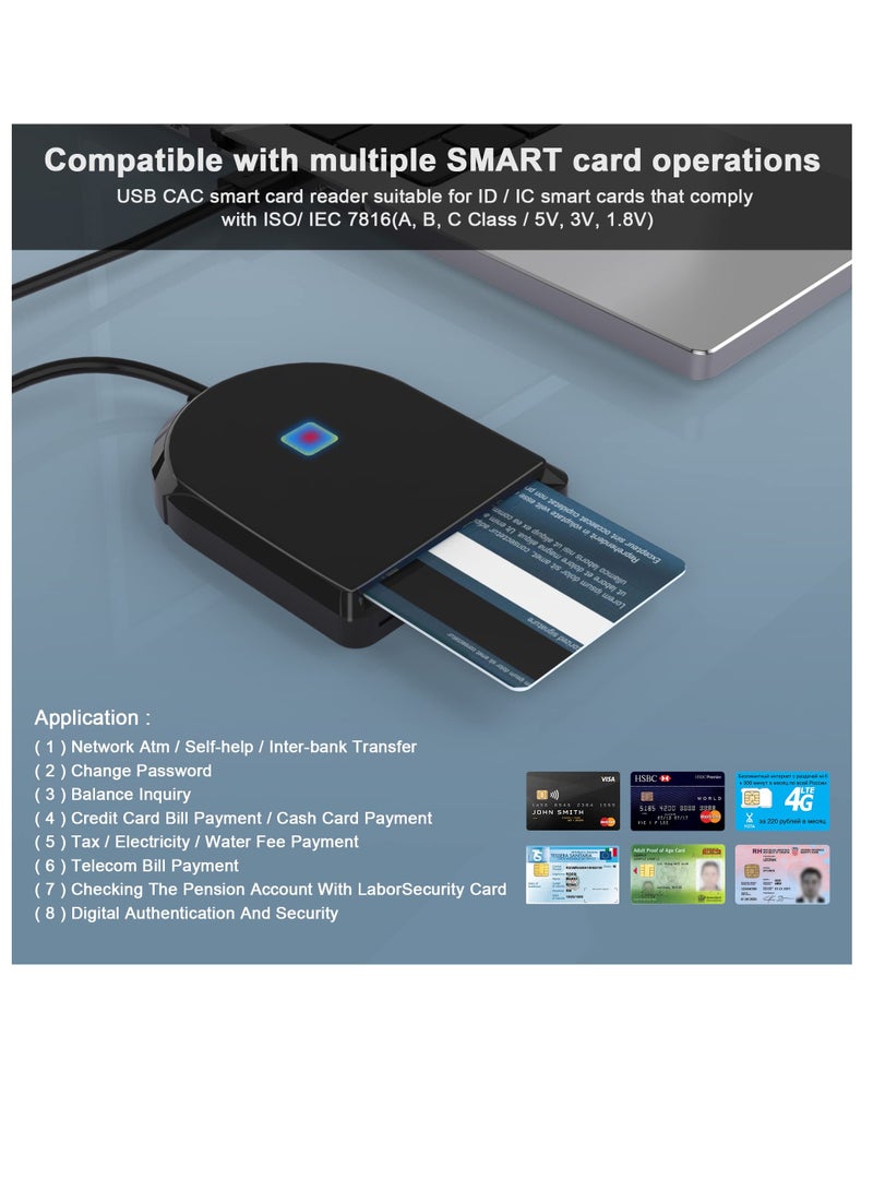 USB SIM Card Reader, ID Card Reader USB Smart Card Reader SIM Card Compatible Smart Card Reader for DOD Military USB Common Access CAC SIM ID IC Bank Health Insurance e-Tax Contact Chip Card Reader - Image 3