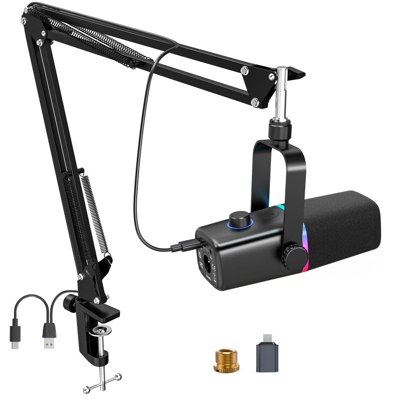 ZealSound XLR/USB Dynamic Microphone for Gaming Podcast,Mic for iPhone Phone PC Computer Gaming Streaming Microphone with RGB Light,Mute Button,Mic Gain,Headphones Jack,Boom Arm Stand,Singing YouTube - Image 1
