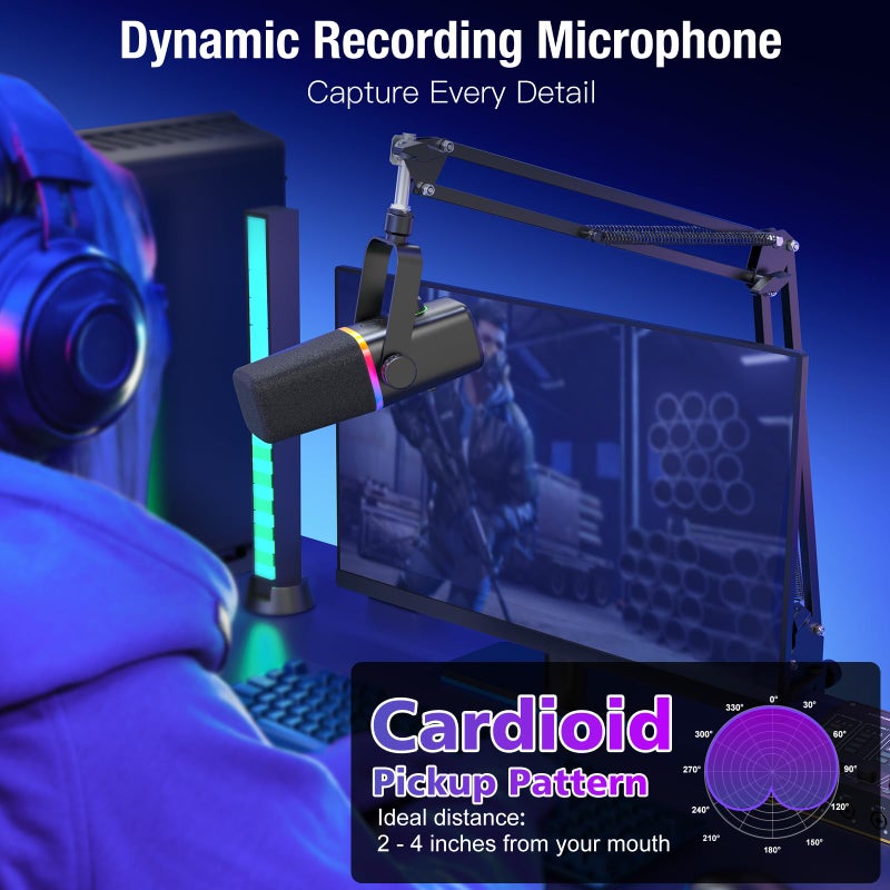 ZealSound XLR/USB Dynamic Microphone for Gaming Podcast,Mic for iPhone Phone PC Computer Gaming Streaming Microphone with RGB Light,Mute Button,Mic Gain,Headphones Jack,Boom Arm Stand,Singing YouTube - Image 3