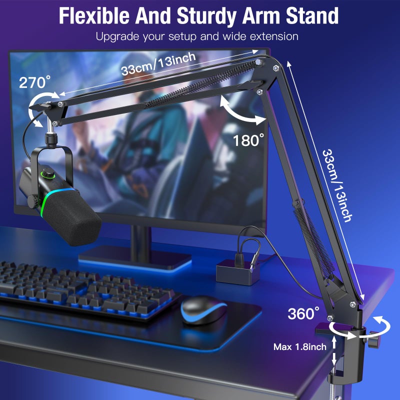 ZealSound XLR/USB Dynamic Microphone for Gaming Podcast,Mic for iPhone Phone PC Computer Gaming Streaming Microphone with RGB Light,Mute Button,Mic Gain,Headphones Jack,Boom Arm Stand,Singing YouTube - Image 4