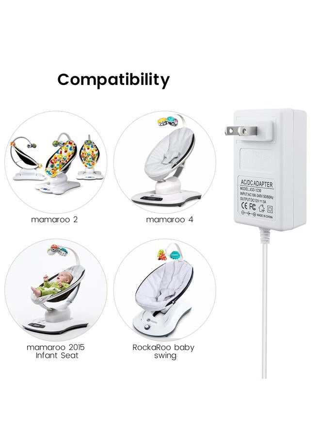 YEAOI سلك طاقة بطول 10 أقدام لـ 4moms mamaRoo 4، شاحن 12V 3A لـ RockaRoo مهد الأطفال، محول تيار متردد، أبيض - Image 2