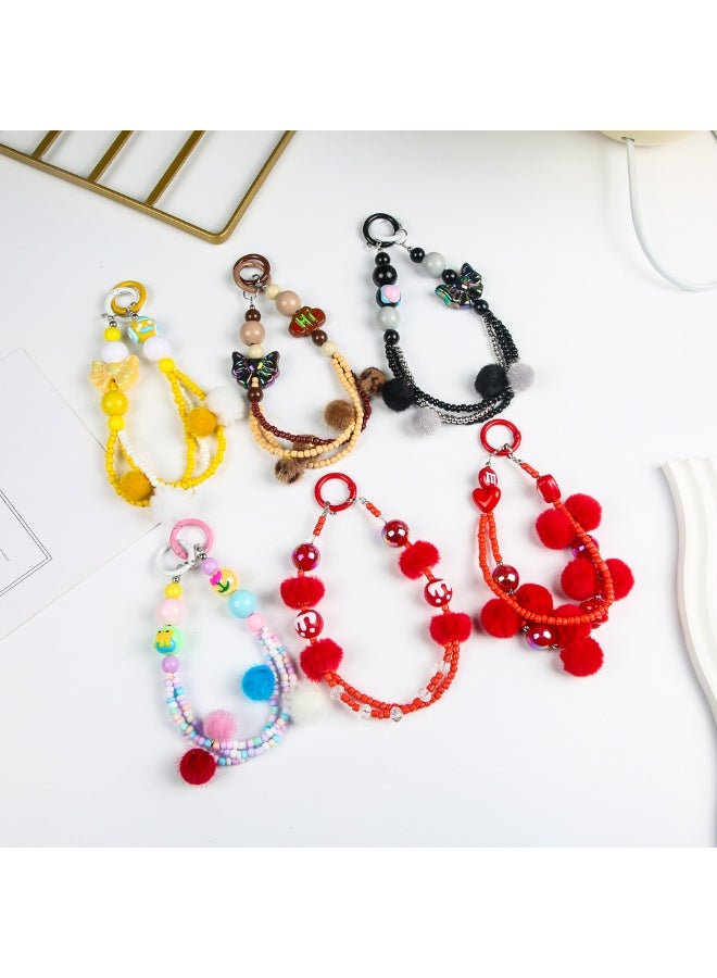 NIBEMINENT Beaded Phone Lanyard, Anti Lost Removable Wrist Strap,  Fluffy Ball Bracelet Pendant, Phone Keychain Lanyard - Image 2