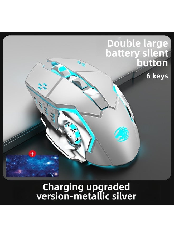 Forerunner Wireless Mouse High Color Value Bluetooth Mechanical Mute Rechargeable Laptop Game E-Sports Office-Color:Metallic Silver-charging Upgrade + Pad-Interface:Official Standard - Image 1