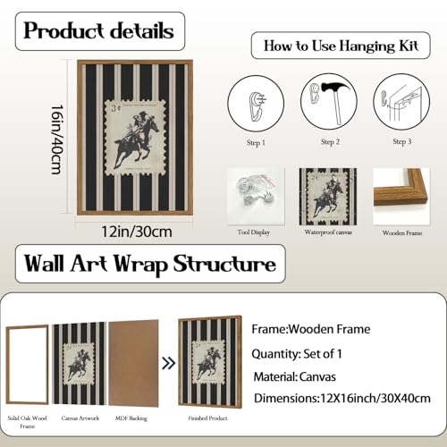 yulihaz Vintage Western Cowboy Wall Art Black and White Striped Cowboy Riding Horse Wall Decor Paintings Mid Century Rodeo Southwestern Poster Canvas Print for Bedroom Living Room 12x16 inch Wood Framed - Image 3
