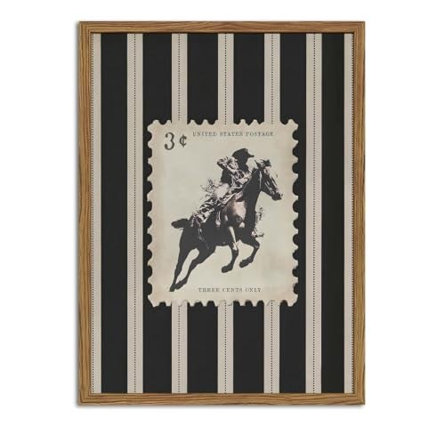 yulihaz Vintage Western Cowboy Wall Art Black and White Striped Cowboy Riding Horse Wall Decor Paintings Mid Century Rodeo Southwestern Poster Canvas Print for Bedroom Living Room 12x16 inch Wood Framed - Image 1