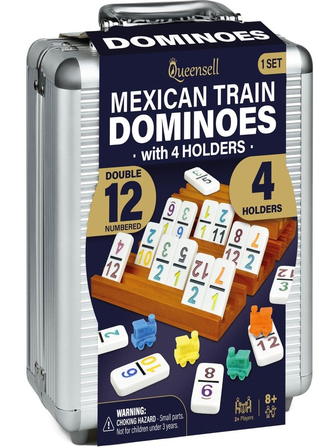Queensell Mexican Train Dominoes Set with Numbers and 4 Holders - Wooden Hub and Domino Holders - Double 12 with Numbers (D12 Numbers + 4 Holders) - Image 1