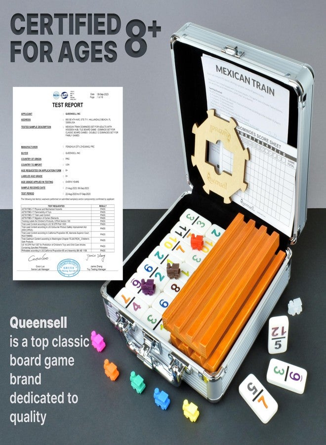Queensell Mexican Train Dominoes Set with Numbers and 4 Holders - Wooden Hub and Domino Holders - Double 12 with Numbers (D12 Numbers + 4 Holders) - Image 5