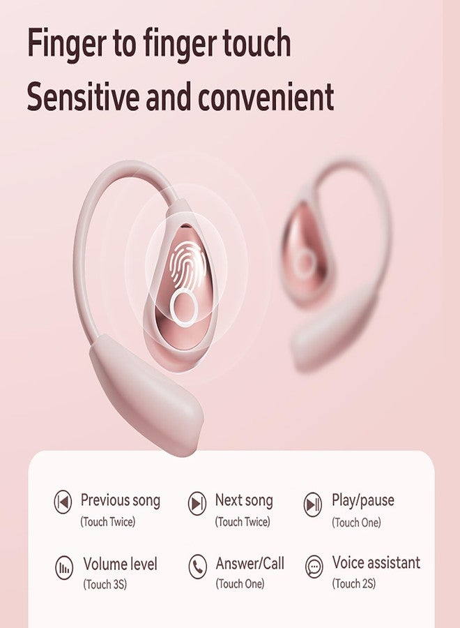 QJF Open Ear Earbuds Bluetooth 5.4 Earphones, True Wireless Headphones with Microphone, Touch Control Air Conduction/Clear Calls/Snug Fit/LED Lights for Sport Cycling Running Workout (Pink) - Image 4