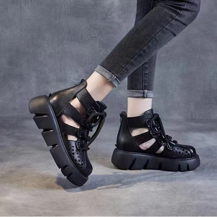 Mo Ren Xiang Women's Hollow-Out Platform Martin Boots - Retro High-Top Ankle Boots with Chunky Heel - Image 3