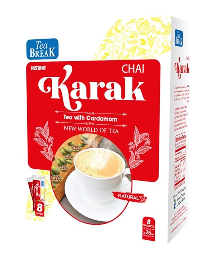 Tea Break Instant Karak Chai with Cardamom - 8 Sachets x 25g - Natural Flavor & Rich Aroma - Image 1