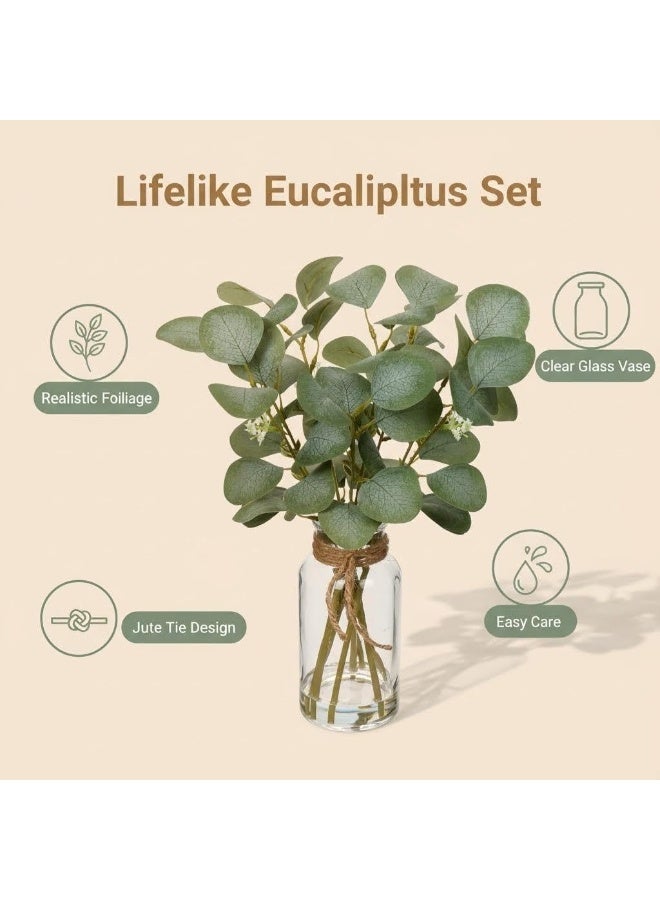 Artificial Eucalyptus Stems in Glass Vase with Faux Water, 14 Inch Fake Plant - Image 2
