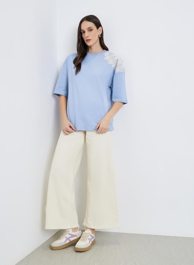 Styli Women Light Blue Placement Flocked Oversized T-Shirt - Image 2