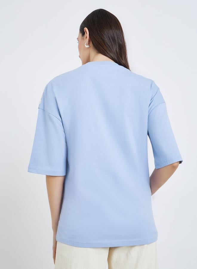 Styli Women Light Blue Placement Flocked Oversized T-Shirt - Image 4
