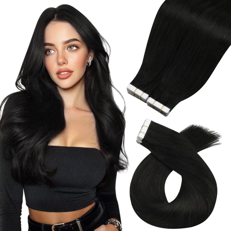 Moresoo Tape in Black Hair Extensions Human Hair Natural Black Tape in Extensions Real Human Hair Seamless Hair Extensions Glue in Extensions Straight 1B 40pcs 100g 20 Inch